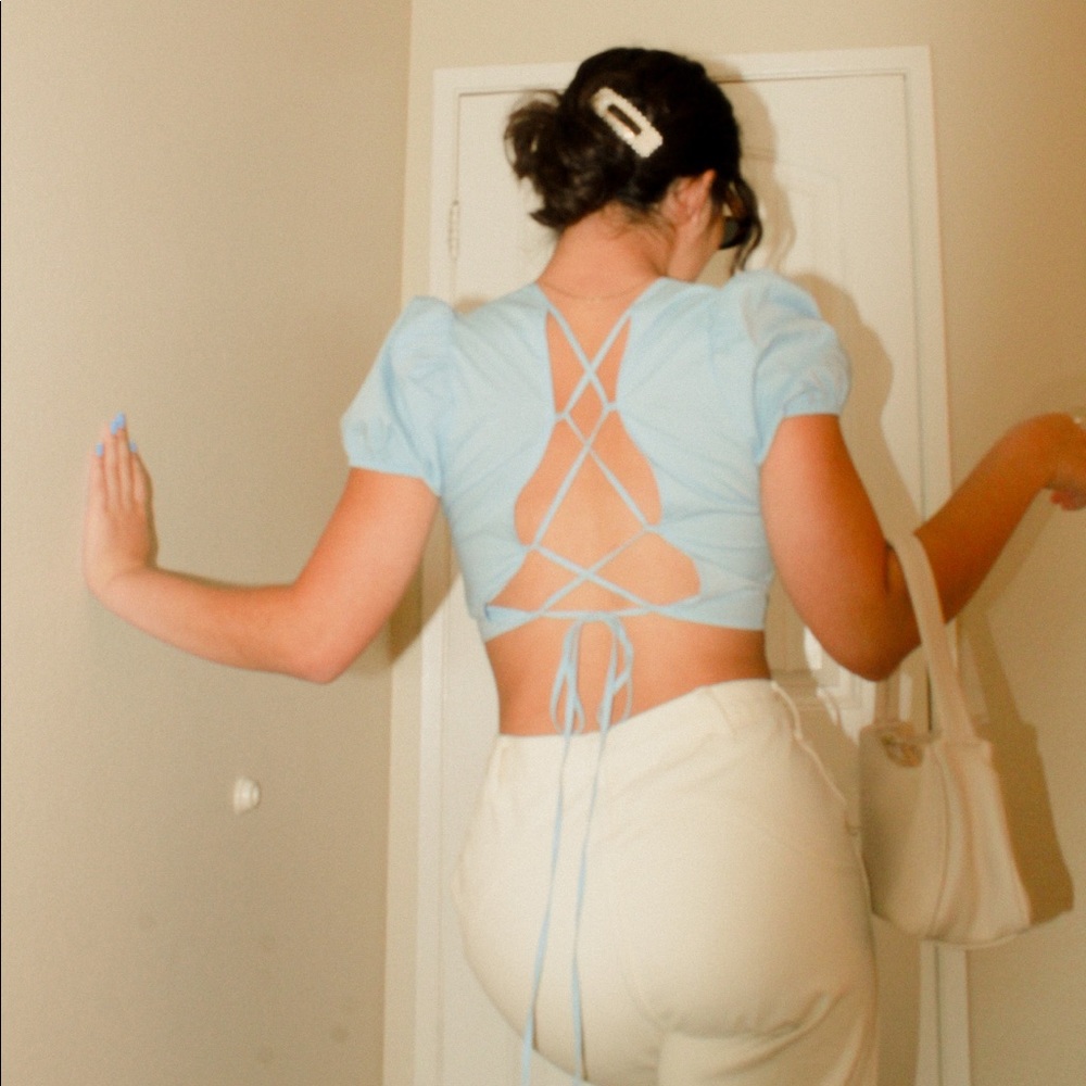 Light Blue Back Lace Up Top